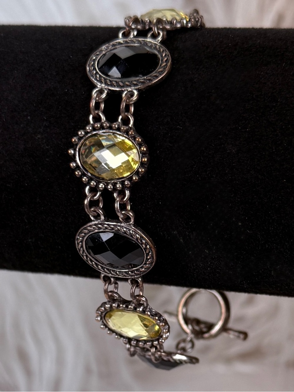 Vintage aged Silvertone Yellow Black Bling Accents Link Toggle Closure Bracelet